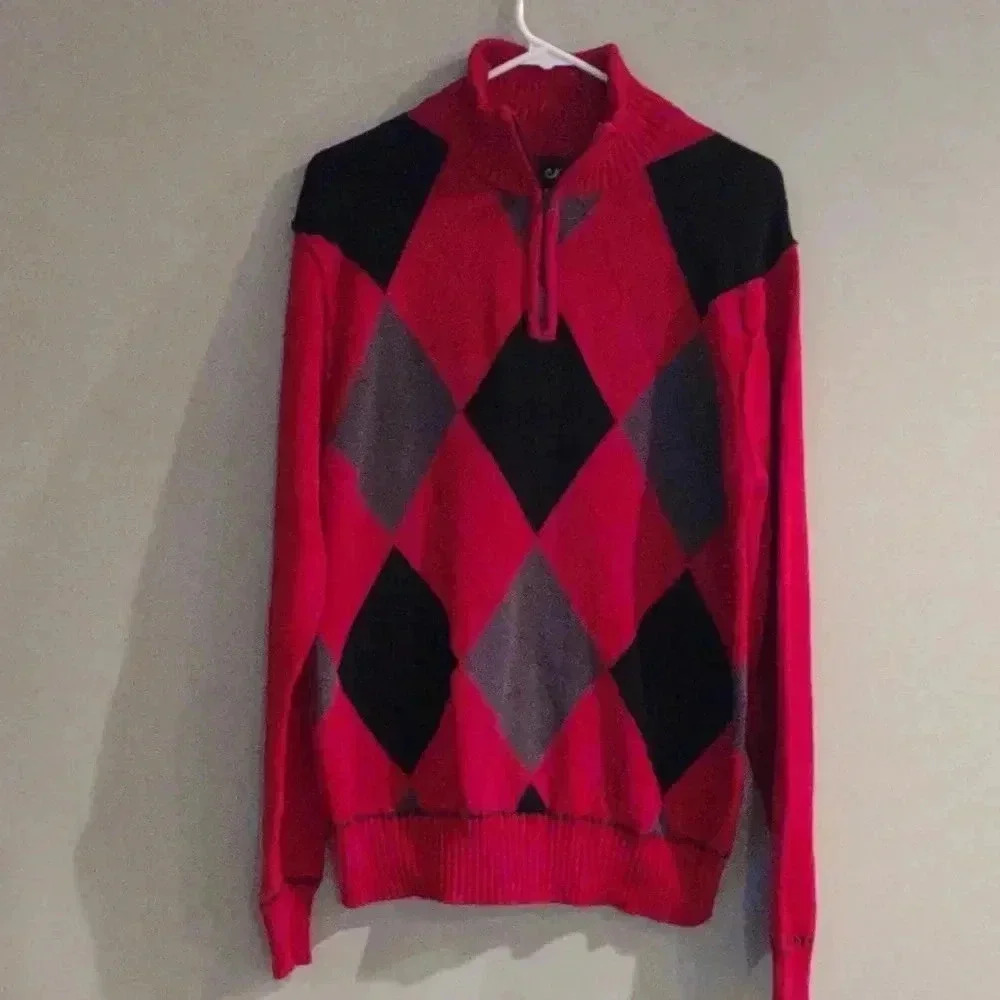 Carbon mens large red black gray argyle quarter zip sweater‎